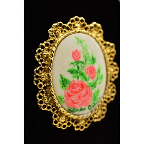 Artist Johan Painted Vintage Statement Pin Brooch Floral Roses Gold Cameo BinF - Picture 3 of 12